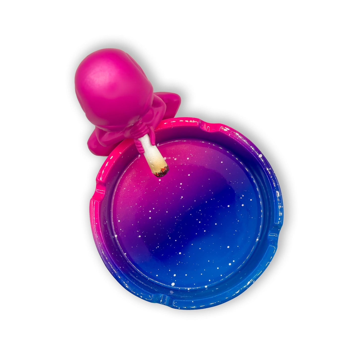 Obenansicht Alien Aschenbecher in Blau/Pink mit Schale