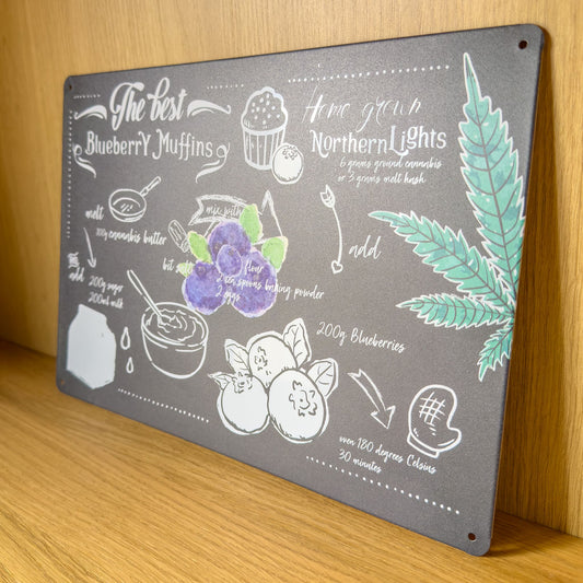 Blueberry Muffins Blechschild als Wanddekoration auf Holzoberfläche