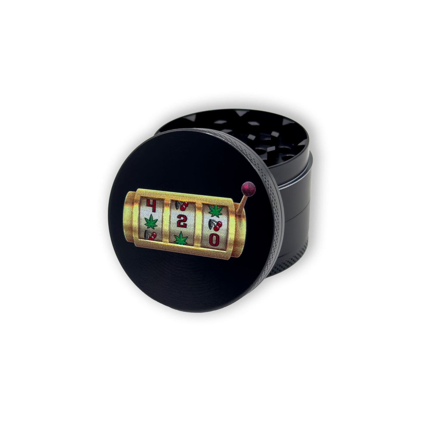 Casino Grinder mit goldenem Slotmachine-Motiv „420“ – geöffnet