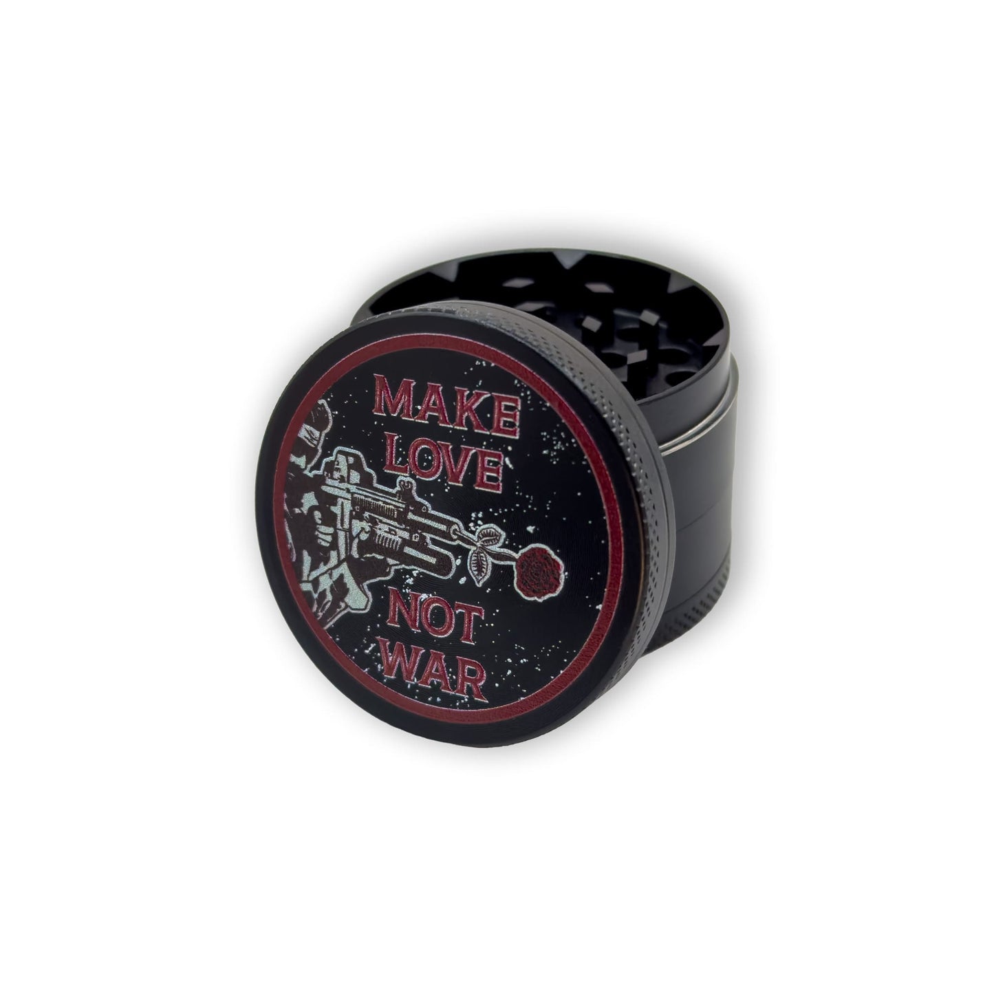 Grinder Make Love Not War mit Deckelmotiv