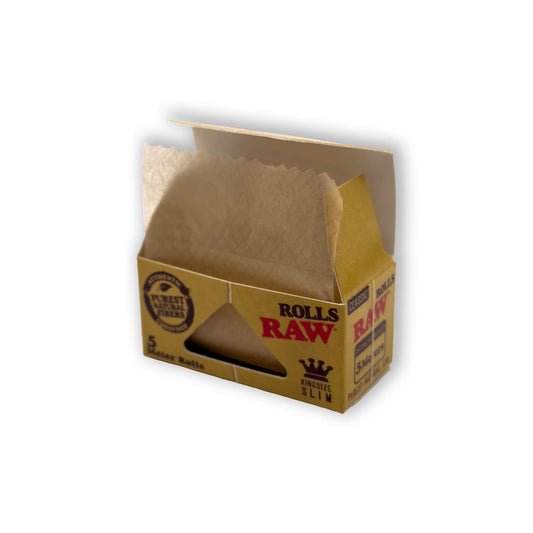 RAW Slim Rolls – geöffnete Verpackung mit sichtbarem, ungebleichtem Papier