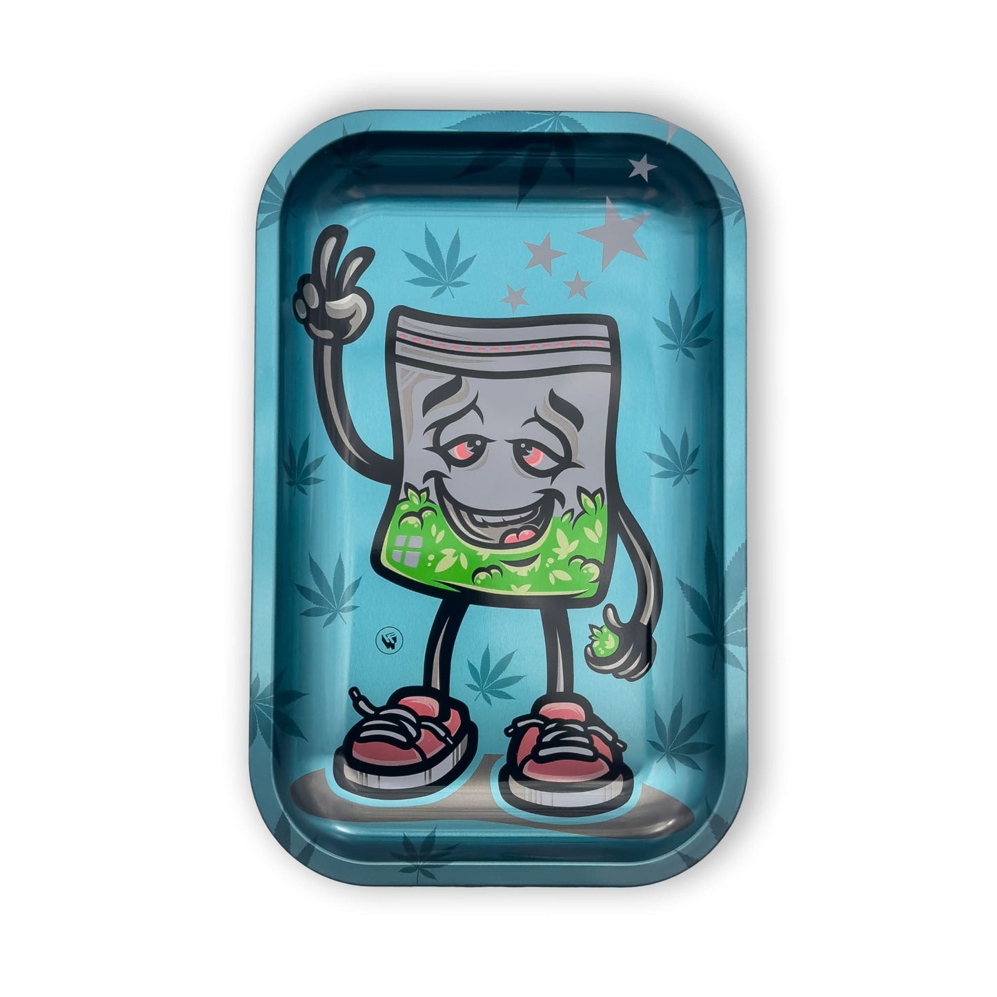 420 Baggie Rolltablett aus Metall mit fröhlichem Design auf türkisblauem Hintergrund