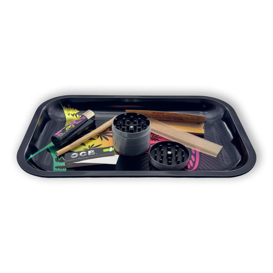 420 UFO Gradient Rolltablett mit Zubehör wie Grinder, Feuerzeug und Papers als Anwendungsbeispiel