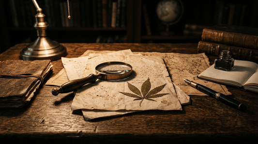 Alte Dokumente, Landkarte und Hanfblatt auf einem dunklen Holzschreibtisch – Symbolbild für die Geschichte des Cannabis-Verbots