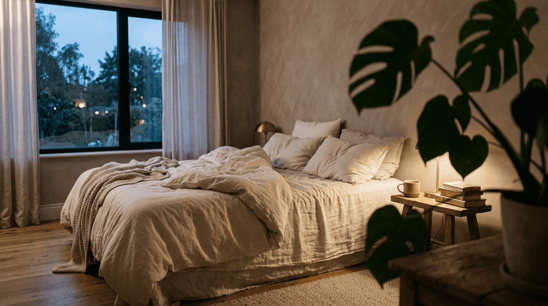 Ruhiges Schlafzimmer bei Dämmerlicht mit cremefarbener Bettwäsche – Symbolbild für Cannabis und REM-Schlaf