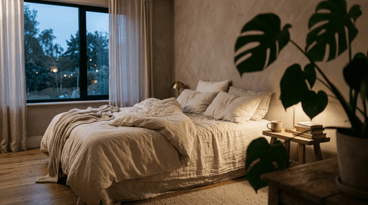 Ruhiges Schlafzimmer bei Dämmerlicht mit cremefarbener Bettwäsche – Symbolbild für Cannabis und REM-Schlaf