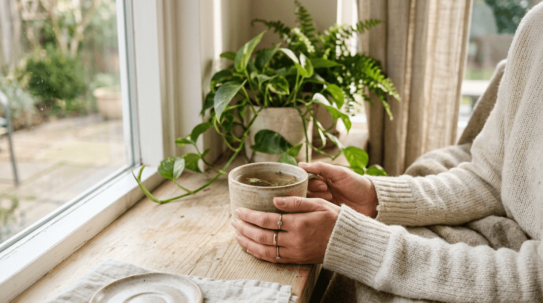 Hände halten eine Tasse Tee am Fenster – Symbolbild für eine Toleranzpause vom Cannabiskonsum