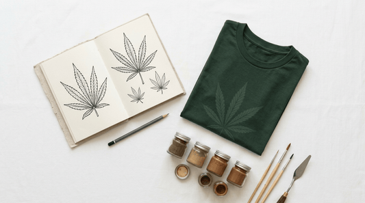Cannabis-Kunst und Mode – Flat Lay mit Skizzenbuch, grünem Shirt und Farben.
