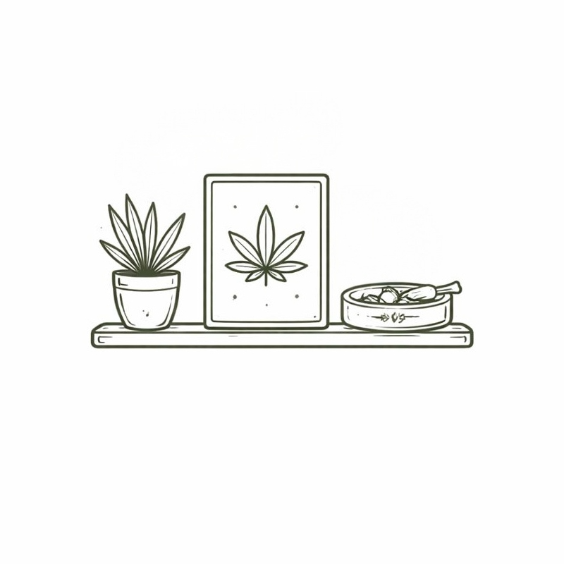 Illustration eines Regals mit Pflanze, Poster und Aschenbecher – stilvolle Deko und Wohnaccessoires im Cannabis-Design.