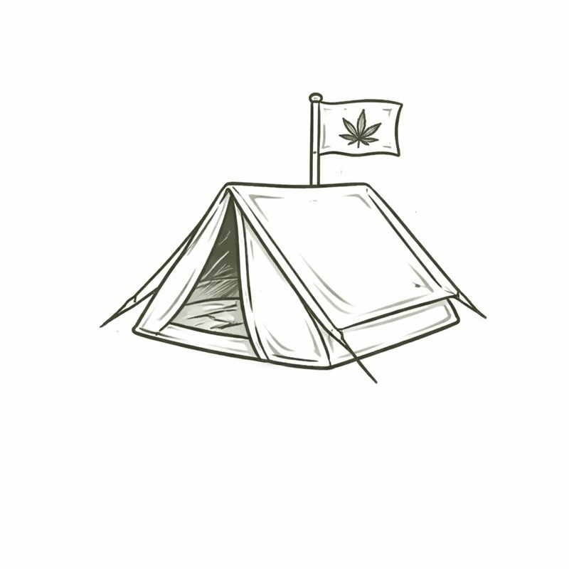 Illustration eines Zelts mit Cannabis-Flagge – Outdoor- und Festival-Zubehör für den mobilen Cannabis-Lifestyle.