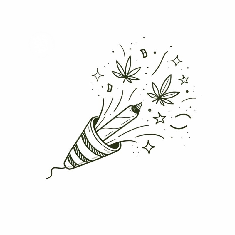 Illustration eines Party-Poppers mit Joint, Cannabisblättern und Konfetti – witzige Party-Accessoires für den 420 Lifestyle.