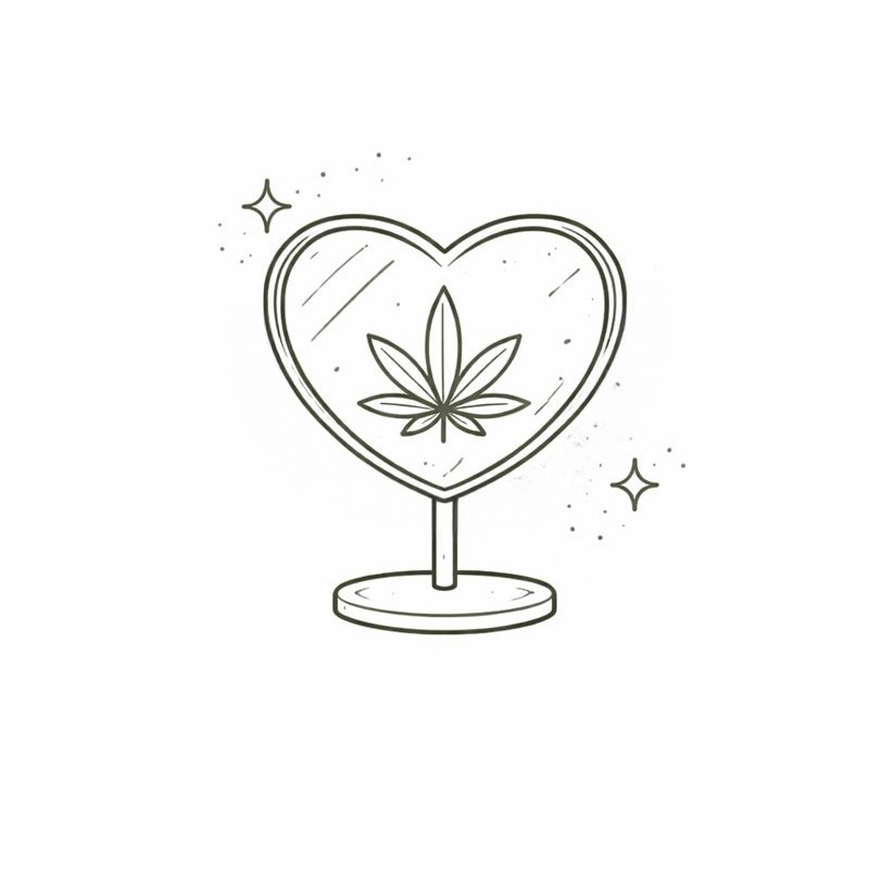 Illustration eines herzförmigen Schminkspiegels mit Cannabisblatt – stilvolle Accessoires und Produkte für weibliche Cannabis-Fans.