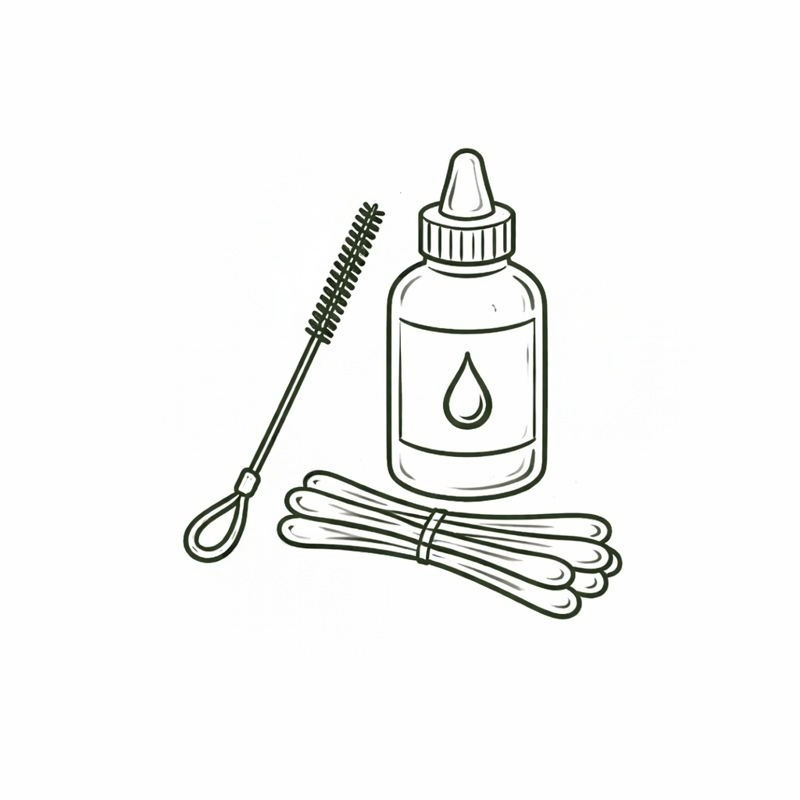 Handgezeichnete Illustration von Reinigungszubehör für Cannabis-Accessoires – mit Bürste, Reinigungsflasche und Wattestäbchen.