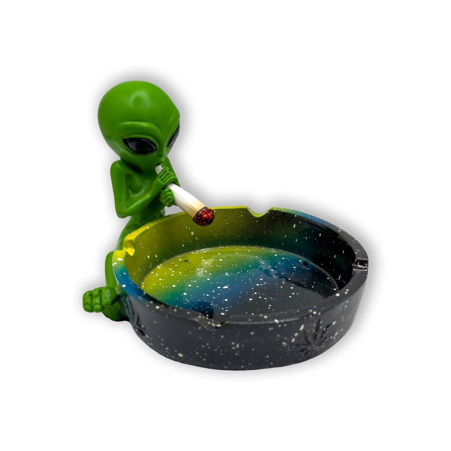 Aschenbecher Alien grün-schwarz mit 3D-Design, seitliche Ansicht