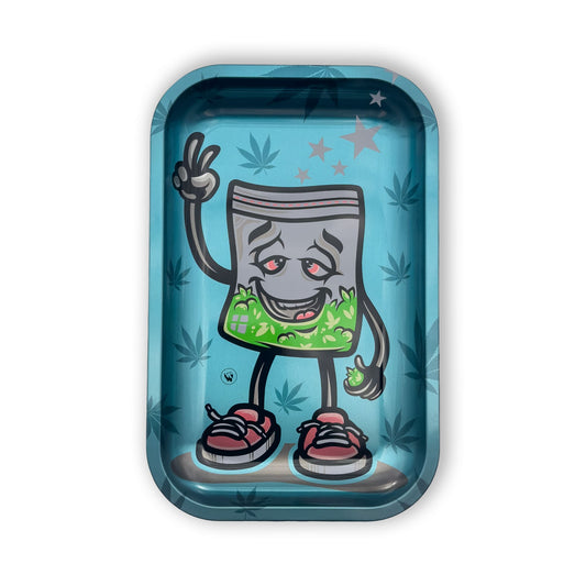 420 Baggie Rolltablett aus Metall mit fröhlichem Design auf türkisblauem Hintergrund