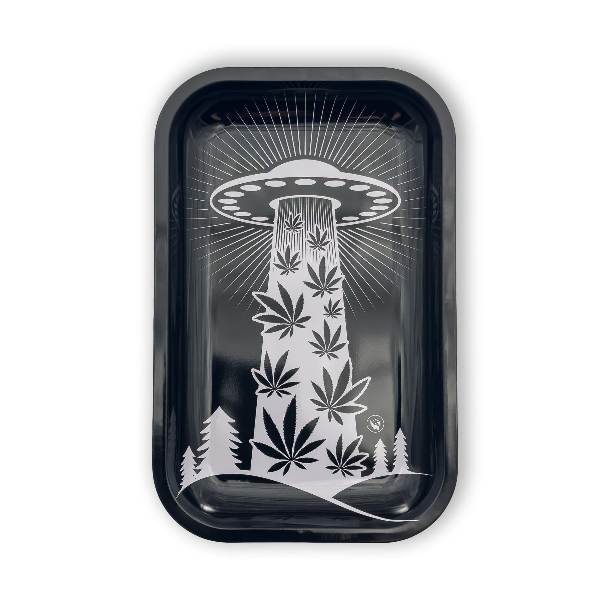 420 Aliens Rolltablett aus Metall mit UFO-Design in Schwarz-Weiß